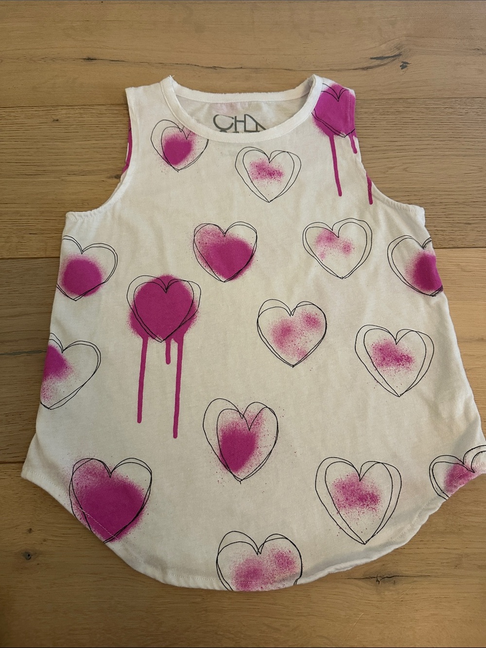 Chaser White Tank Top with Pink Heart Spray Print
